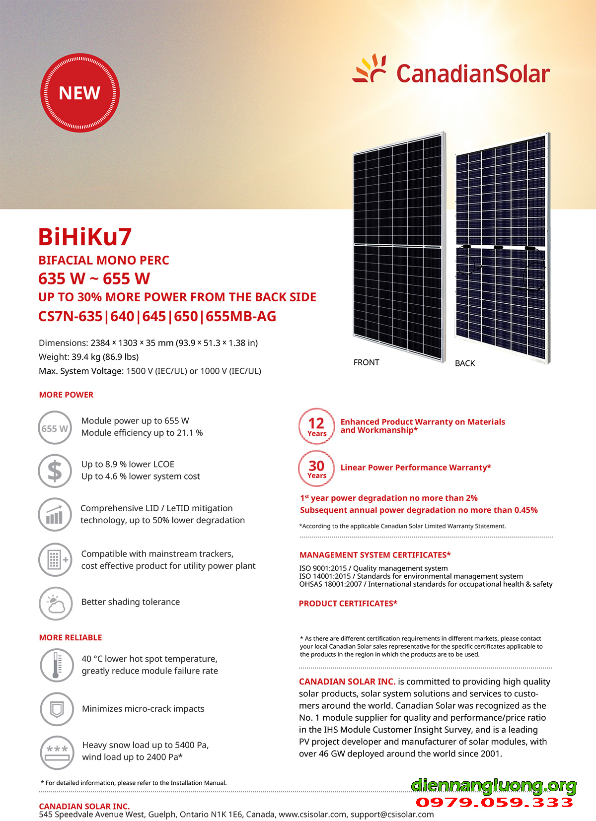 tấm pin Canadian Bihiku 7 655w